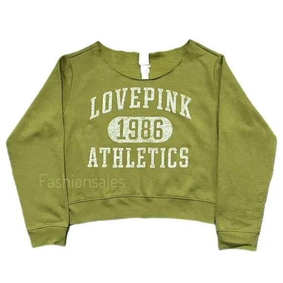 Victorias Secret Pink Everyday Cropped Fleece Off the Shoulder sweatshirt olive - Picture 2 of 2